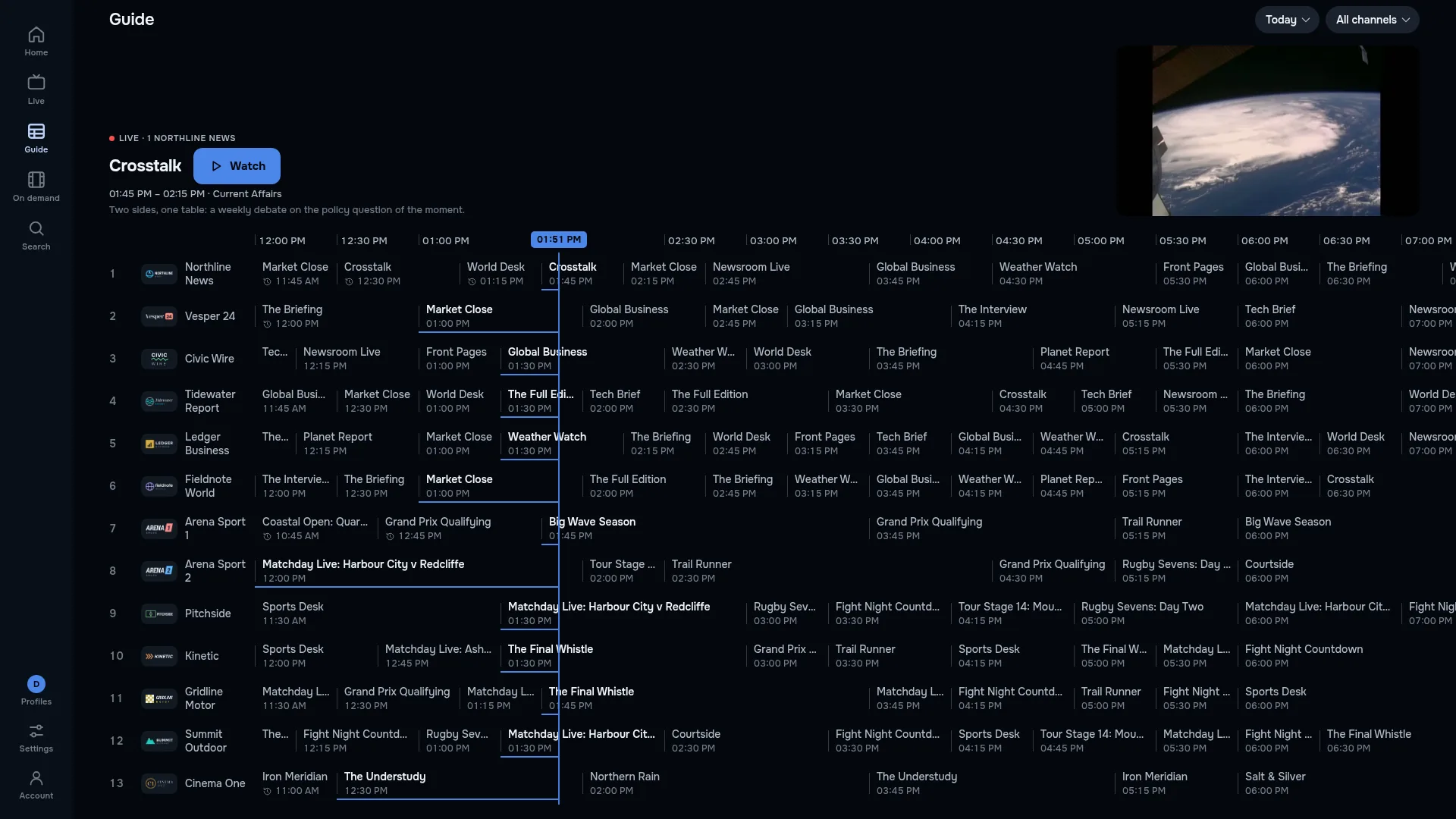 ZiroTV’s TV guide on a computer: thirteen channels with their logos and numbers against a half-hour timeline, a blue line at the current time, and above it the selected programme, Crosstalk, with a Watch button and a preview image.