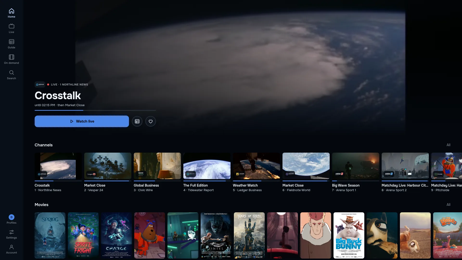 ZiroTV’s desktop home screen: the sidebar on the left, a large live picture of the news programme Crosstalk on Northline News over an orbital view of Earth with a Watch live button, a Channels row of live thumbnails with progress bars, and a Movies row of film posters.