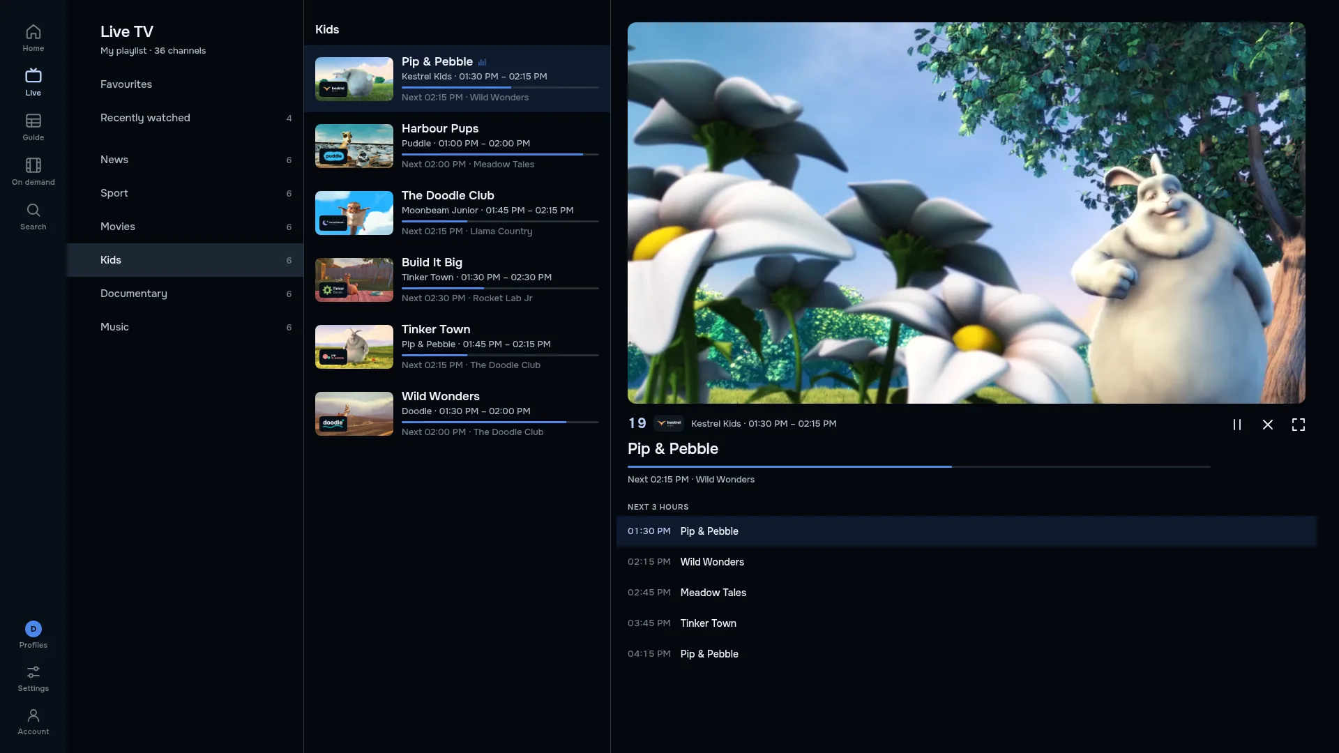 ZiroTV’s live TV on a computer: the categories News, Sport, Movies, Kids, Documentary and Music, the Kids channels with what is on and its progress, and Pip & Pebble on Kestrel Kids playing in the preview, a large white rabbit beside oversized daisies, with the next three hours of programmes below.