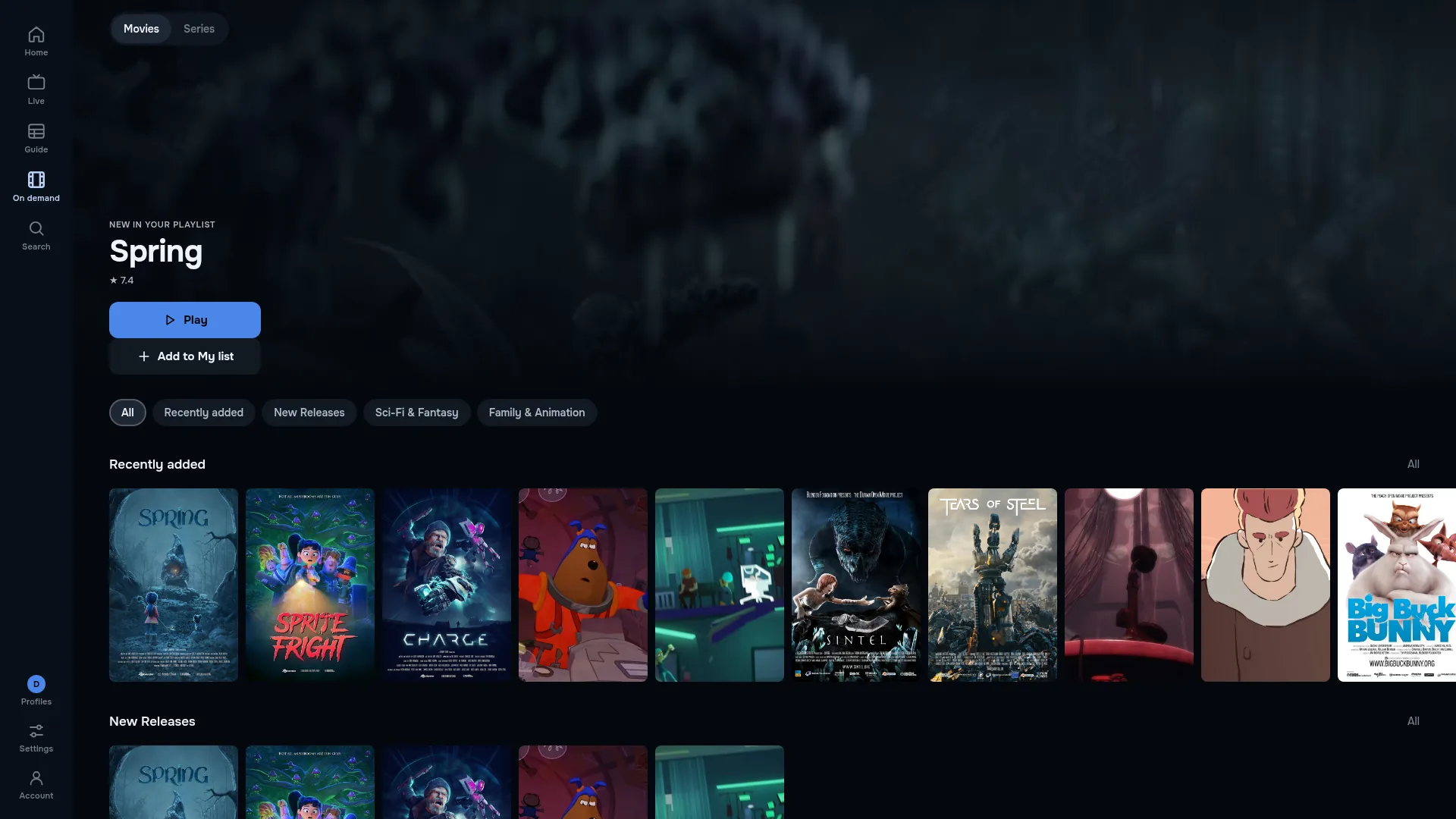 ZiroTV’s Movies section on a computer: the featured film Spring with Play and Add to My list buttons, genre filters, and a Recently added row of posters including Spring, Sprite Fright, Charge, Sintel, Tears of Steel and Big Buck Bunny.