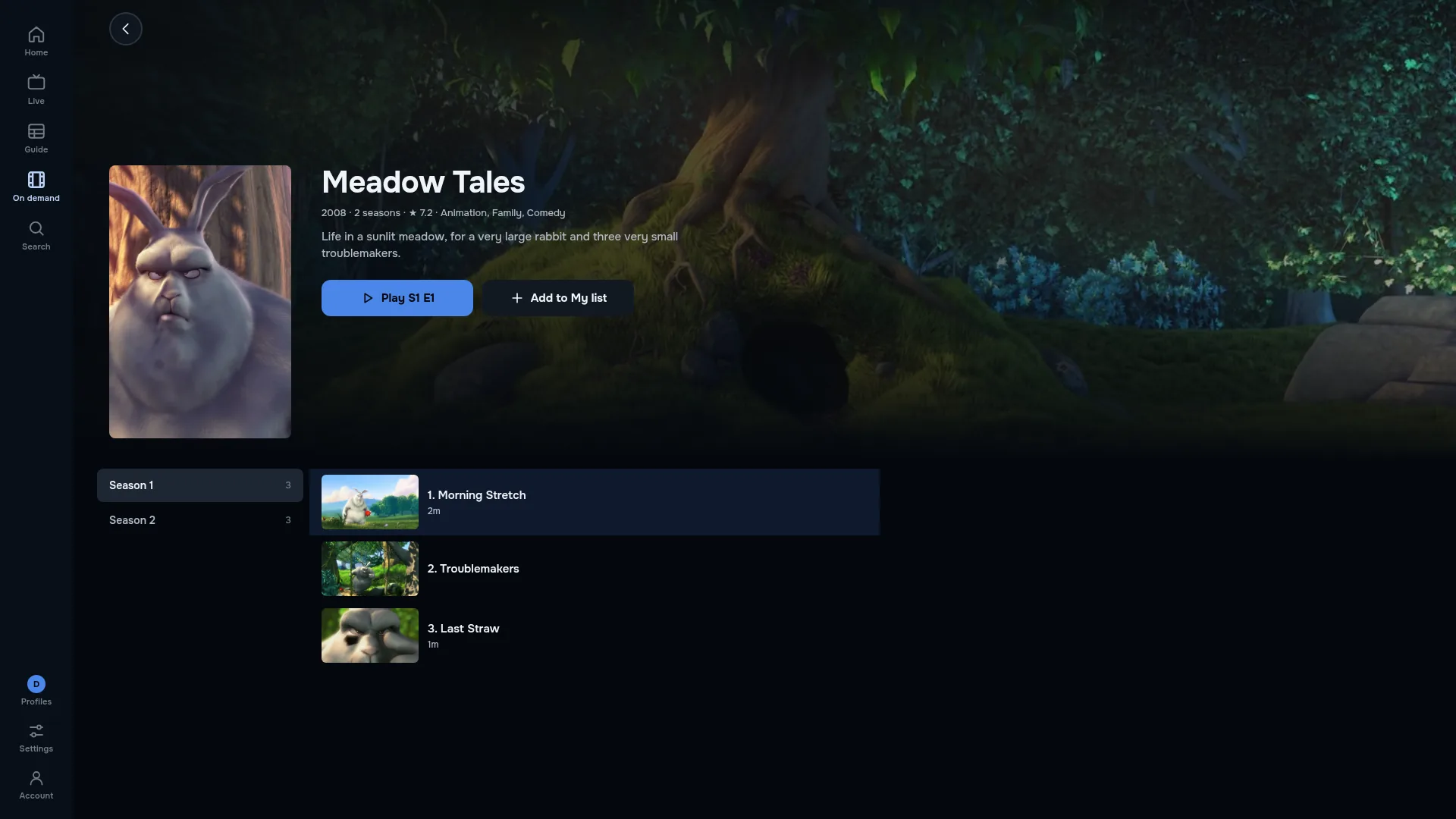 A series page in ZiroTV on a computer: Meadow Tales, its poster of a large grumpy rabbit over a sunlit forest, the year, two seasons, rating and genres, a Play S1 E1 button, and the episodes of Season 1 with their stills.