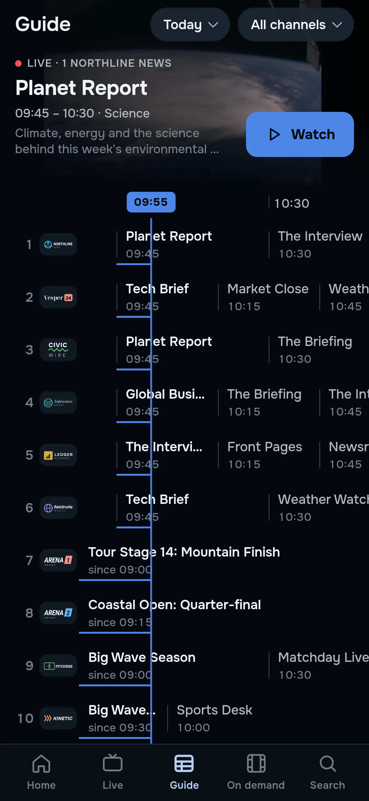 Der TV-Guide von ZiroTV auf dem Handy: oben „Today“ und „All channels“, die gewählte Sendung Planet Report mit einer Schaltfläche „Watch“, darunter zehn nummerierte Sender mit Logos und ihren Sendungen auf einer Zeitleiste, eine blaue Linie bei der aktuellen Uhrzeit.