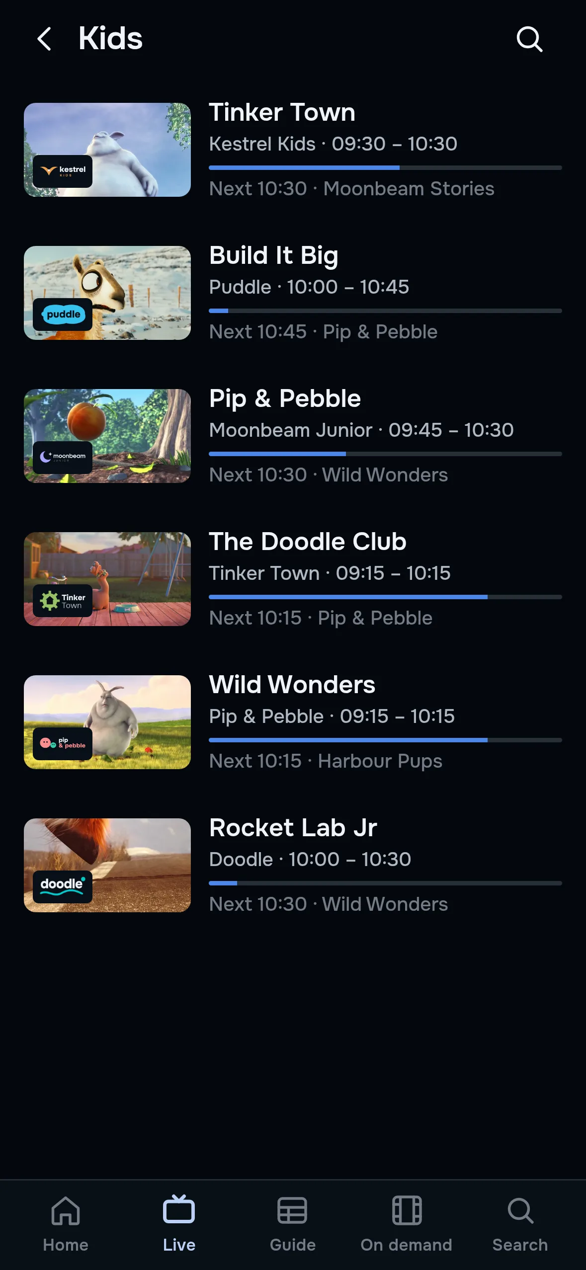 ZiroTV’s Kids channels on a phone: six channels, each with its live picture, logo, the programme on now with its time and progress bar, and what is on next.
