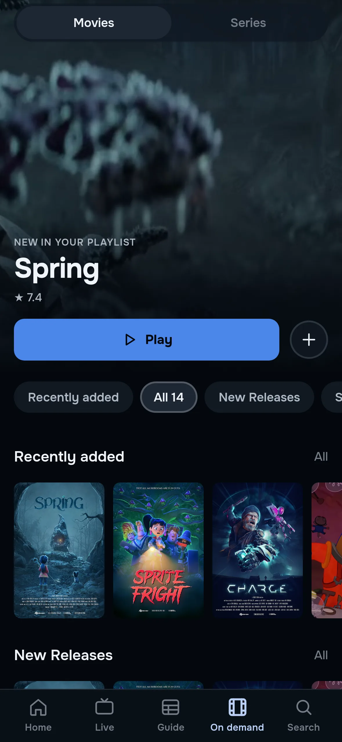 ZiroTV’s on-demand section on a phone, on Movies: the film Spring under New in your playlist, with its rating, a Play button and an add button, genre filters, and a Recently added row of the posters for Spring, Sprite Fright and Charge.