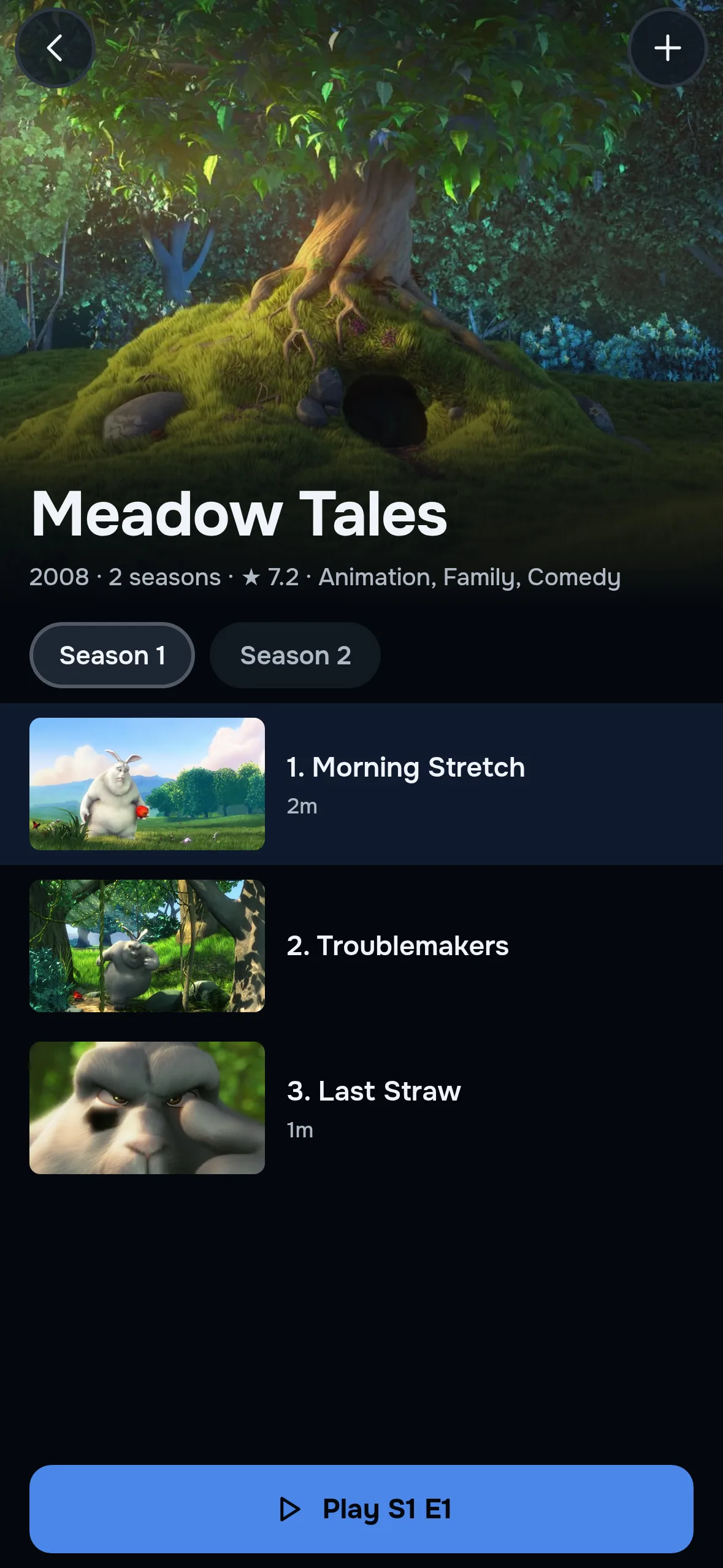 A series page in ZiroTV on a phone: Meadow Tales over a sunlit forest, its year, two seasons, rating and genres, tabs for Season 1 and Season 2, three episodes with their stills, and a Play S1 E1 button.