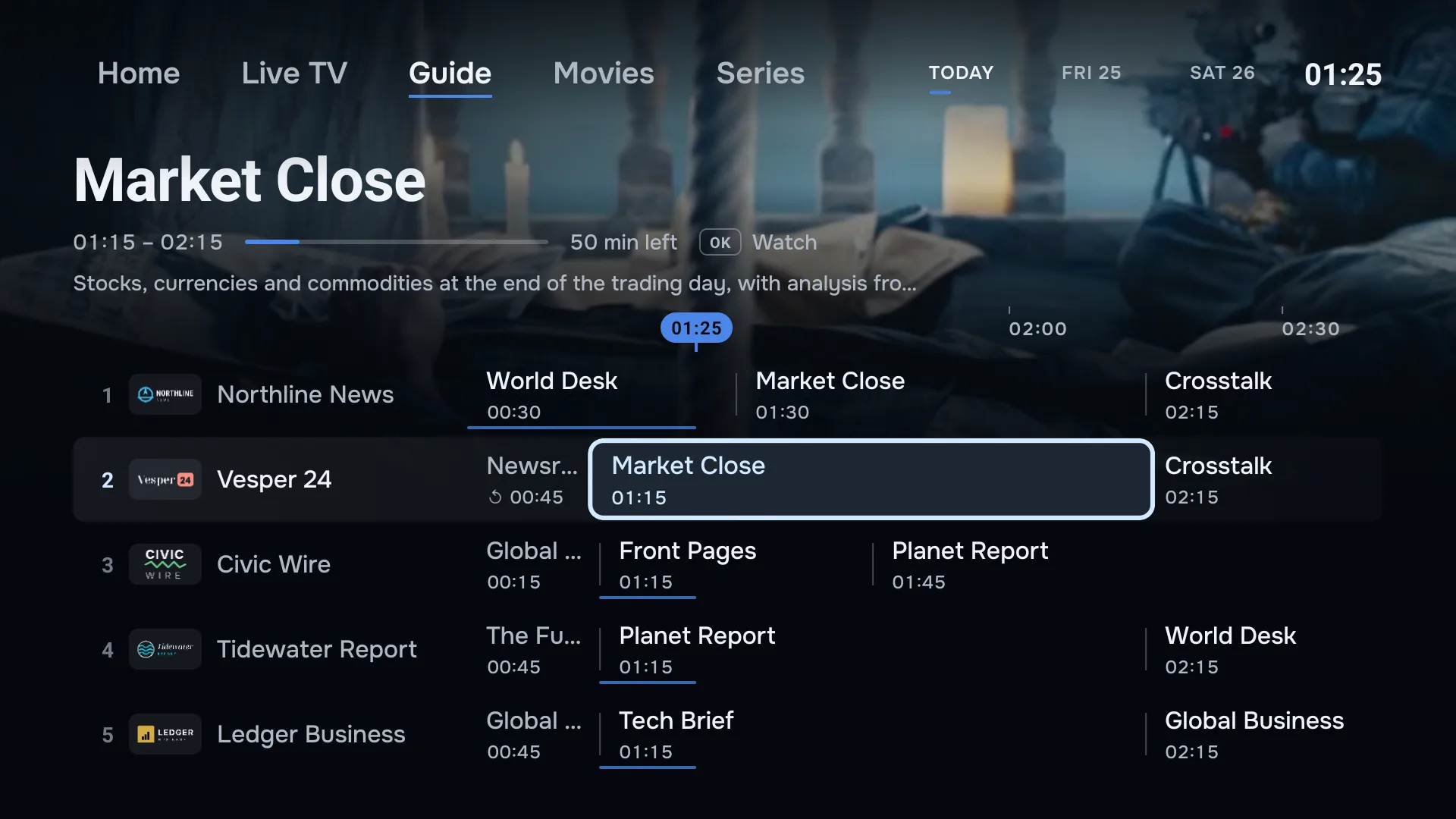ZiroTV’s TV guide on a TV: the section strip and day tabs at the top, the selected programme’s title, time, progress and description, and below it numbered channels with their programmes along a timeline marked at the current time.