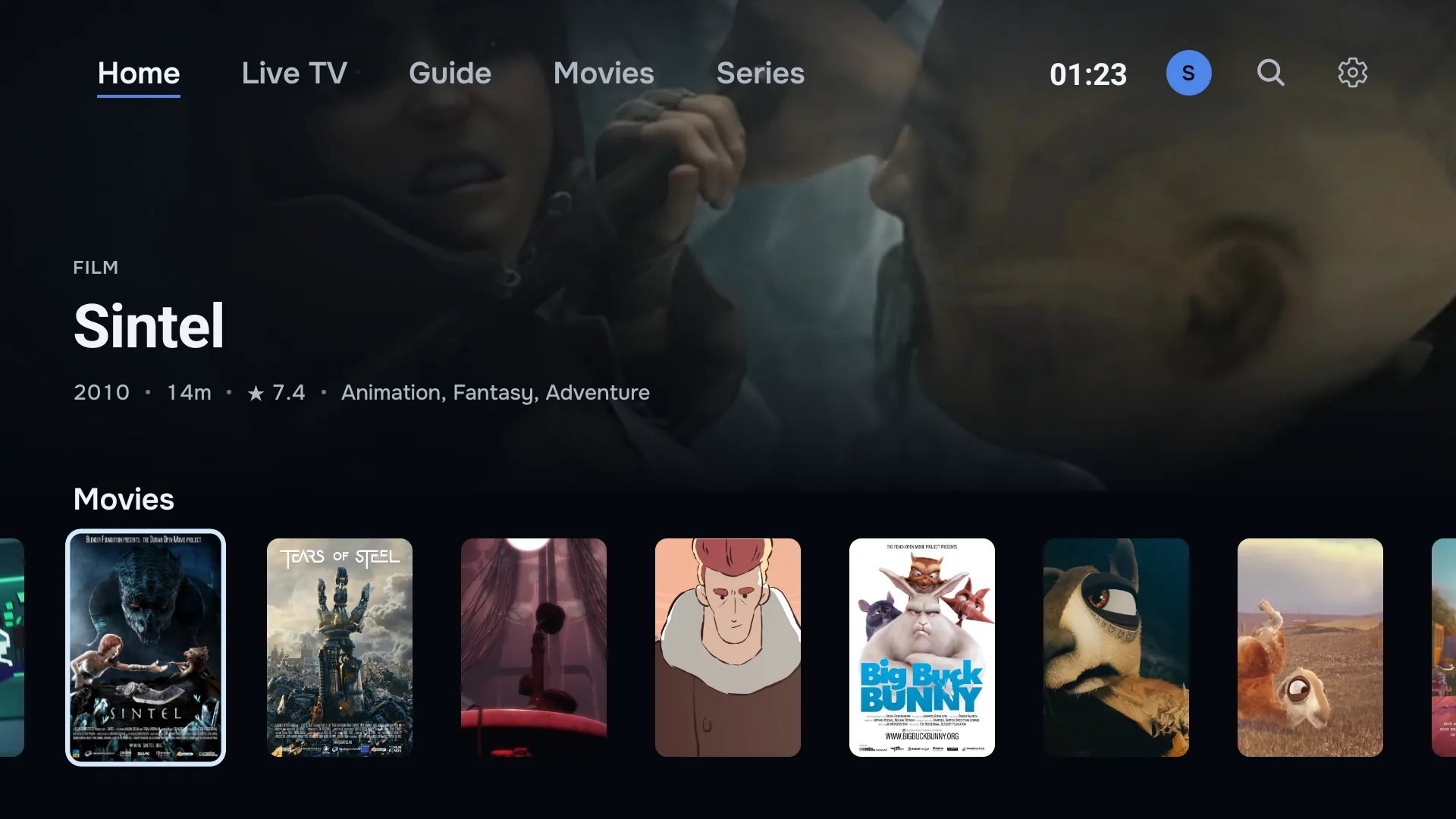 ZiroTV’s home screen on a TV, scrolled to a film: its backdrop, year, running time, rating and genres, above a row of film posters.