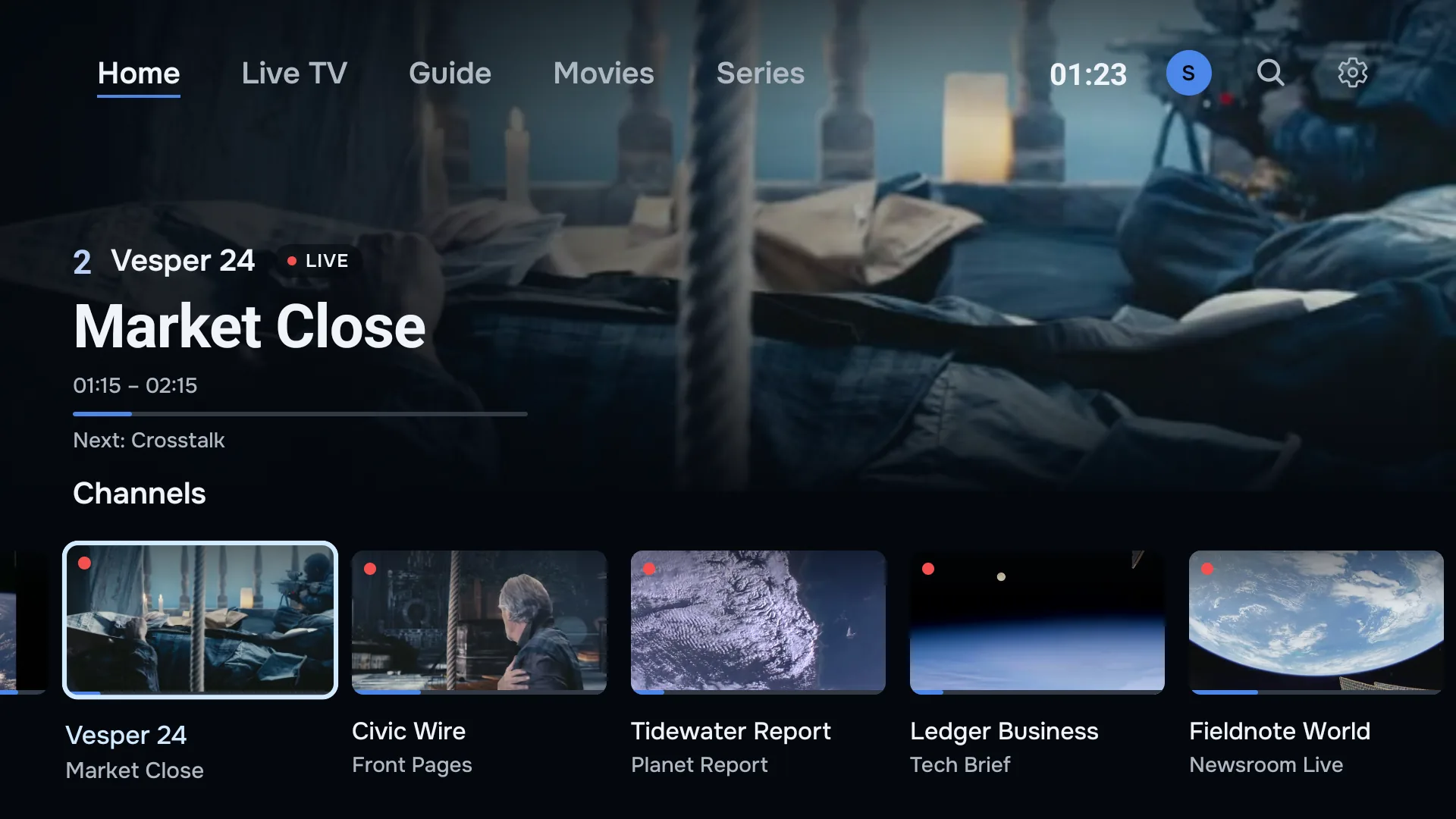 ZiroTV’s home screen on a TV: Home, Live TV, Guide, Movies and Series along the top, the channel playing now with its programme, progress bar and what is on next, and a row of live channels below.