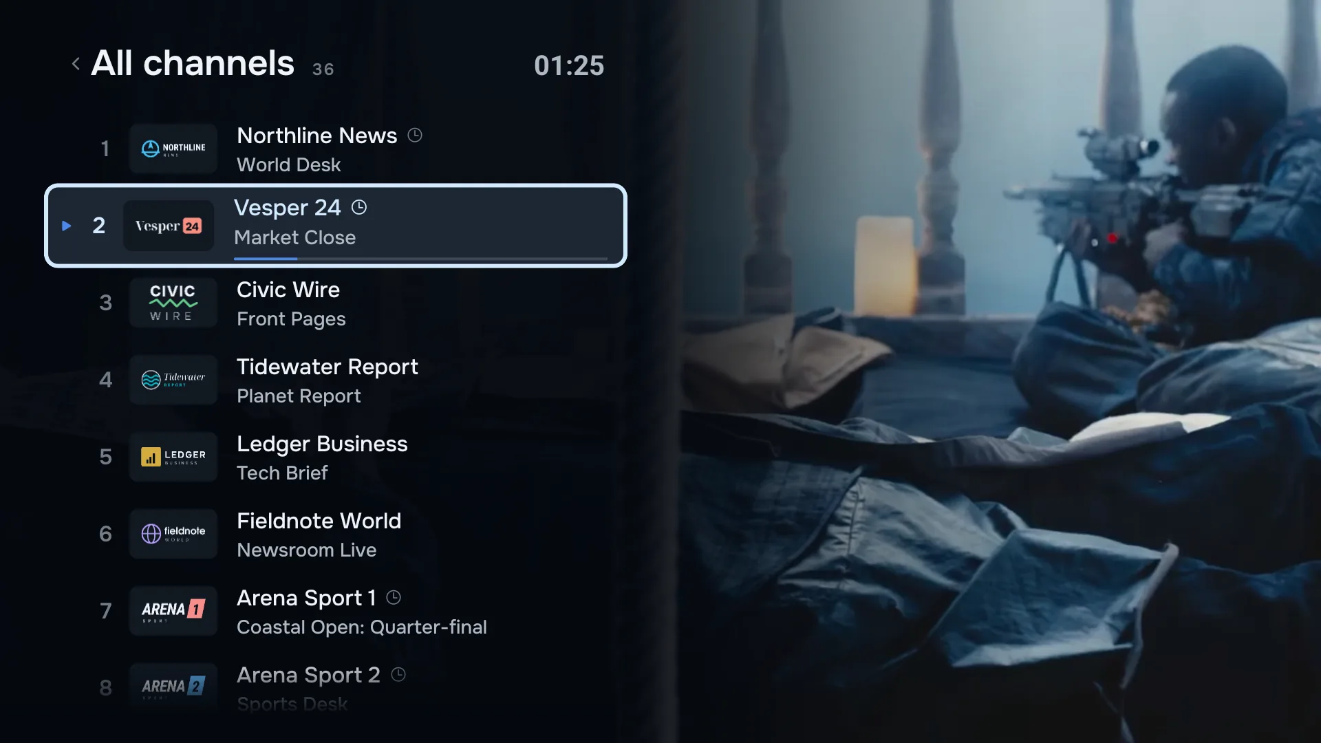 ZiroTV’s live TV screen: a numbered list of channels with their logos and what is on now, a progress bar on the current one, over the picture playing.