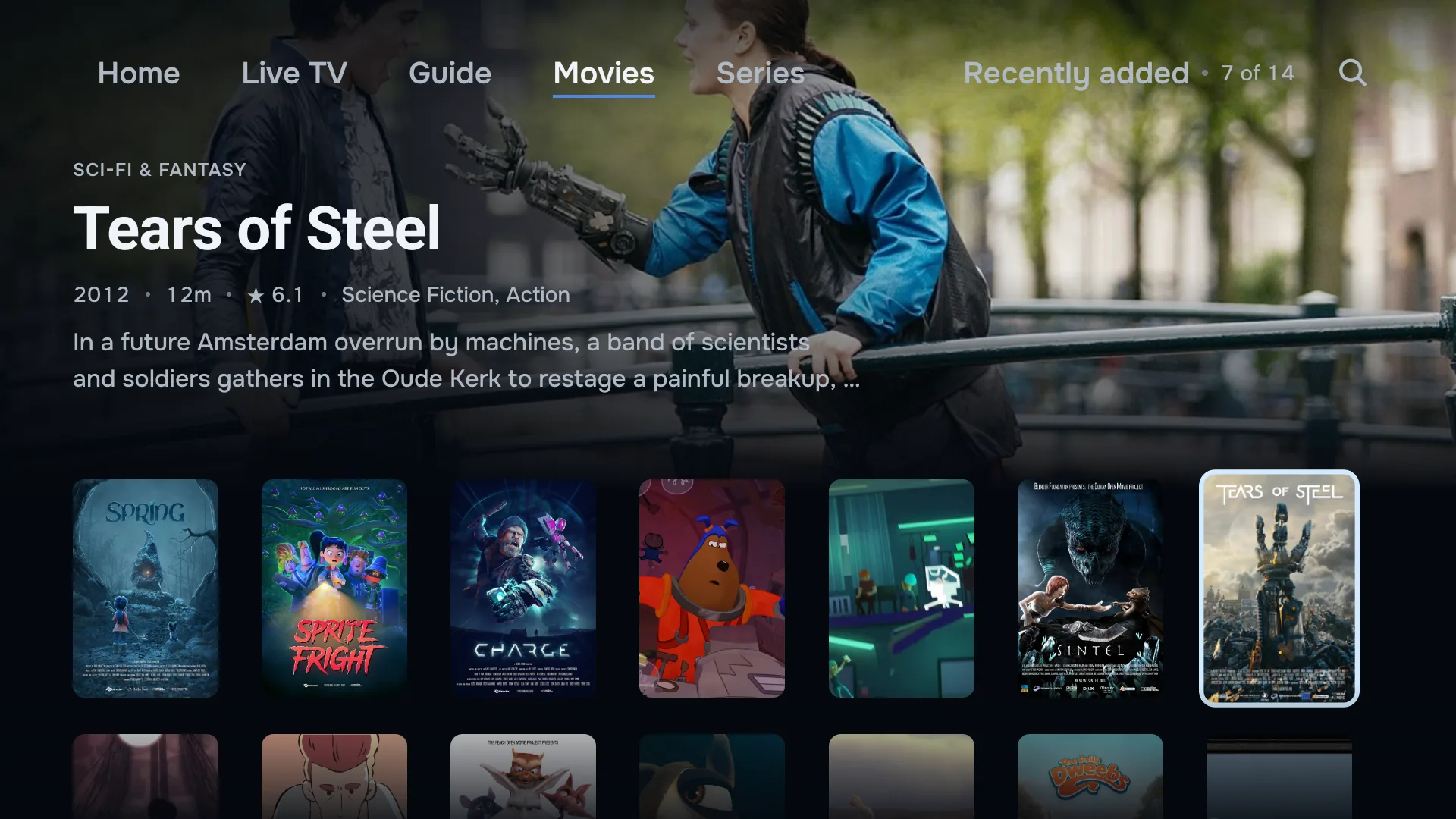 ZiroTV’s Movies section on a TV: a film’s backdrop across the screen with its genre, title, details and synopsis, above rows of film posters.