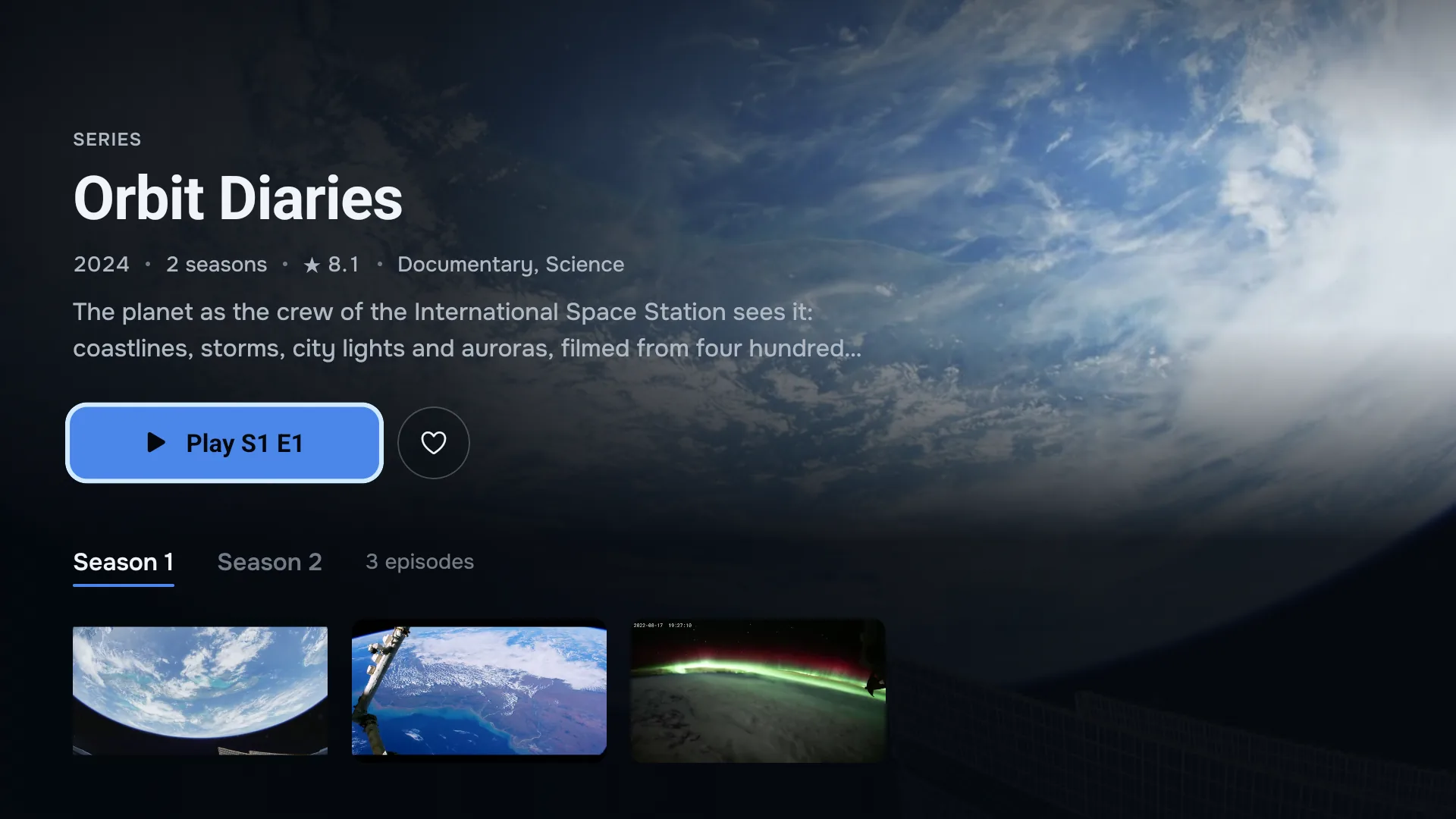 A series page in ZiroTV: a Play S1 E1 button and a favourite button, tabs for Season 1 and Season 2, and the season’s episodes as a row of stills.