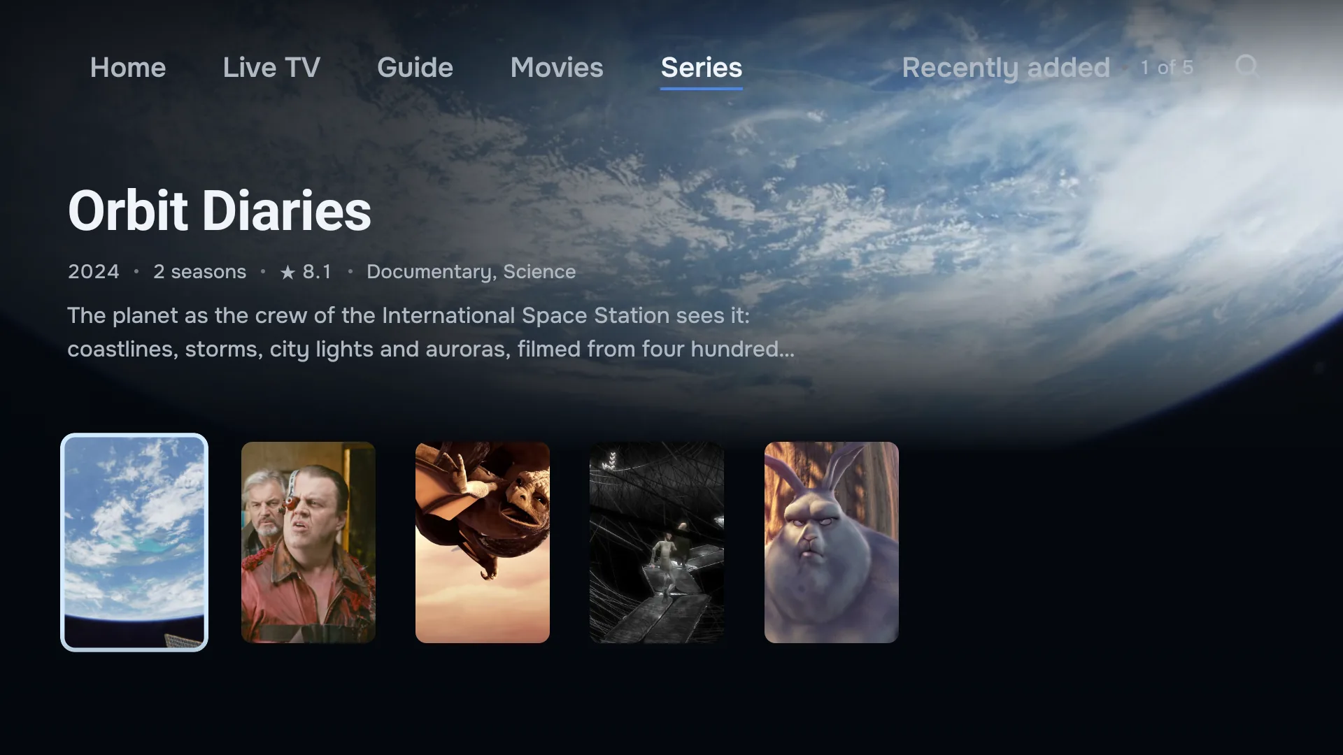 ZiroTV’s Series section on a TV: a series’ backdrop with its title, number of seasons, rating, genres and synopsis, above a row of series posters.